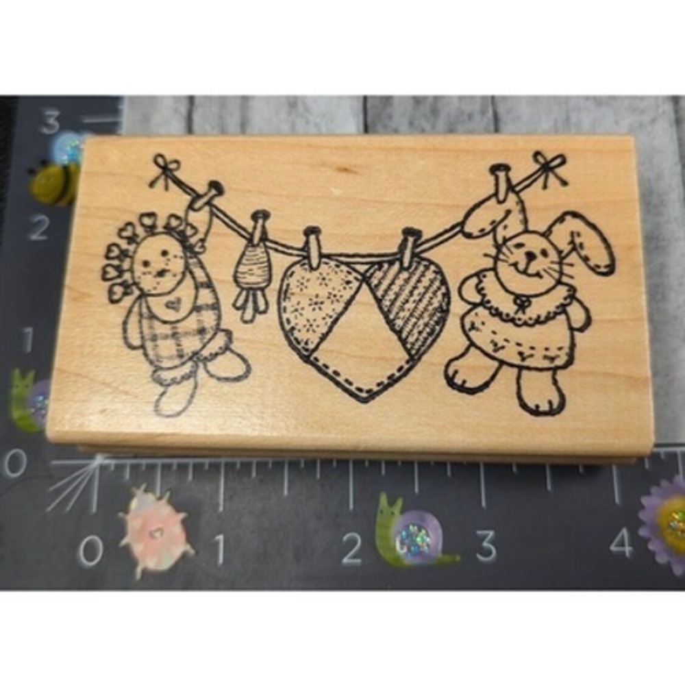Azadi Earles Country Heart Bunny Clothesline G142 Rubber Stamp Wood #A5